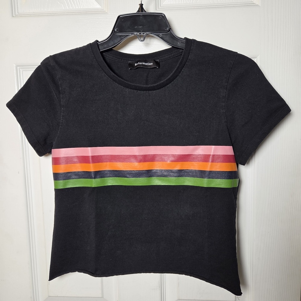 Reformation sz L‎ rainbow striped black rolled hem t-shirt casual everyday